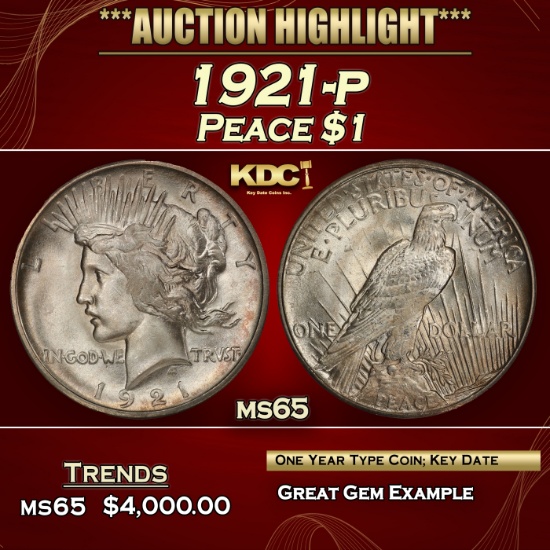 1921-p Peace Dollar $1 ms65 SEGS