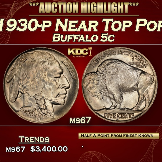 1930-p Buffalo Nickel Near Top Pop 5c ms67 SEGS