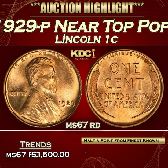 1929-p Lincoln Cent Near Top Pop! 1c ms67 rd SEGS