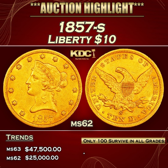 1857-s Gold Liberty Eagle $10 ms62 USCG