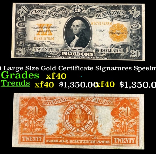 1922 $20 Large Size Gold Certificate Grades xf Signatures Speelman/White