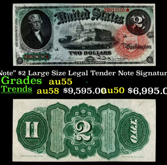 1869 $2 Large Size Legal Tender Note "Rainbow Note" Grades Choice AU Signatures Alison/Spinner