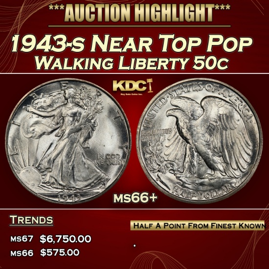 1943-s Walking Liberty Half Dollar Near Top Pop 50c ms66+ SEGS