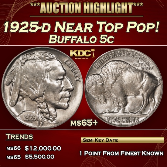 1925-d Buffalo Nickel Near Top Pop! 5c ms65+ SEGS