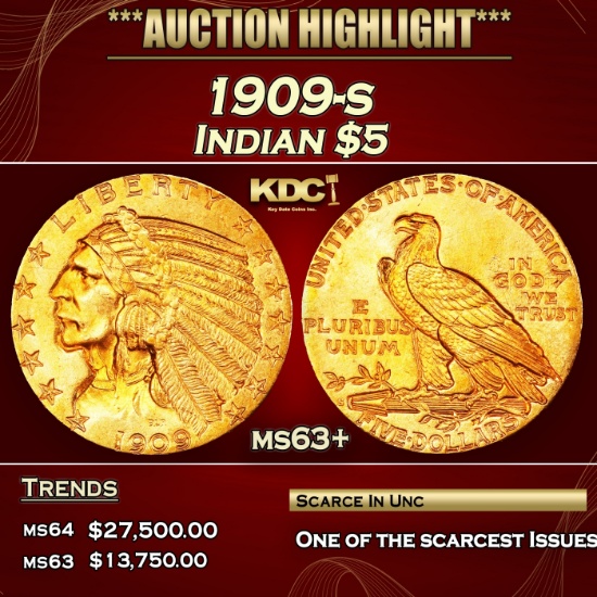 1909-s Gold Indian Half Eagle $5 ms63+ USCG