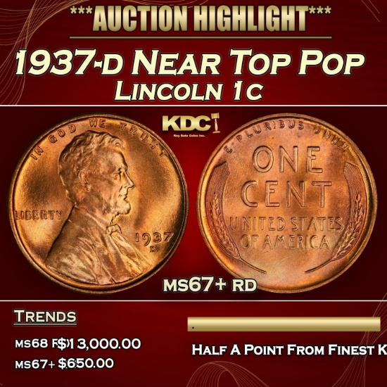 1937-d Lincoln Cent Near Top Pop 1c ms67+ rd SEGS