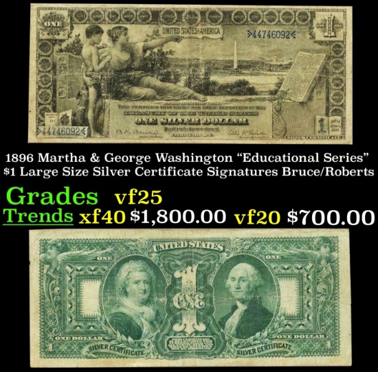 1896 $1 large size Silver Certificate Martha & George Washington "Educational Series" Grades vf+ Sig