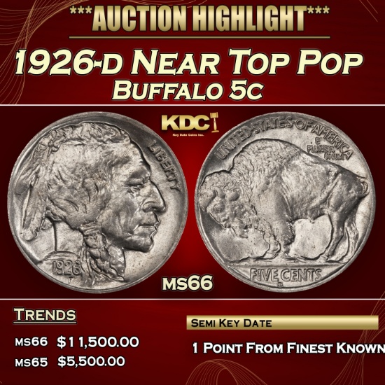 1926-d Buffalo Nickel Near Top Pop 5c ms66 SEGS