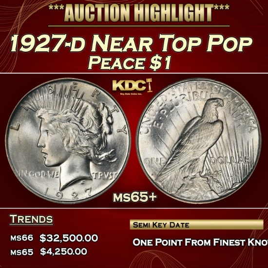 1927-d Peace Dollar Near Top Pop $1 ms65+ SEGS