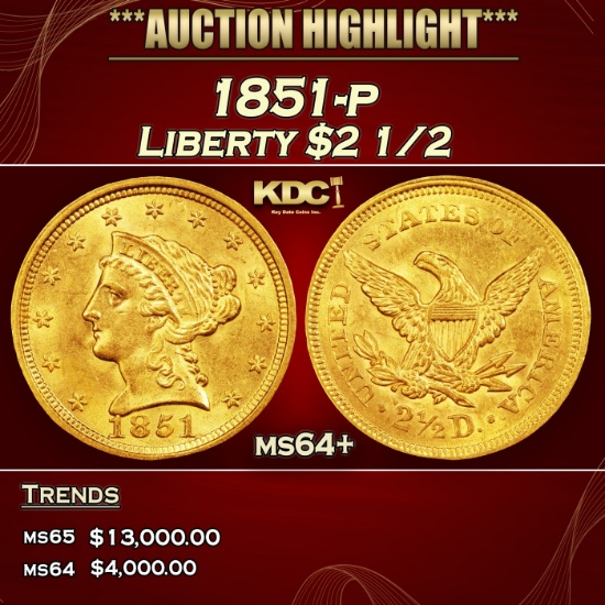 1851-p Gold Liberty Quarter Eagle $2 1/2 ms64+ SEGS
