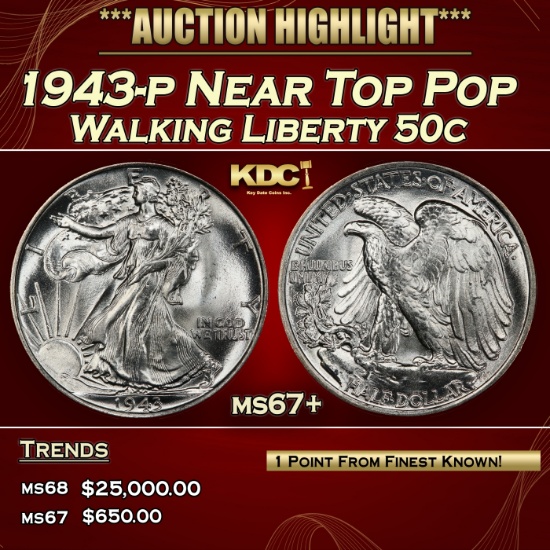 1943-p Walking Liberty Half Dollar Near Top Pop 50c ms67+ SEGS