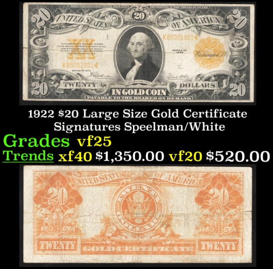 1922 $20 Large Size Gold Certificate Grades vf+ Signatures Speelman/White