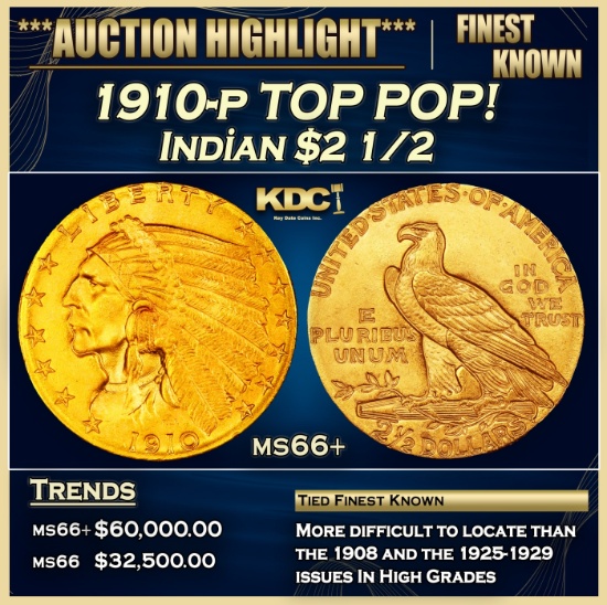 1910-p Gold Indian Quarter Eagle TOP POP! $2 1/2 ms66+ USCG