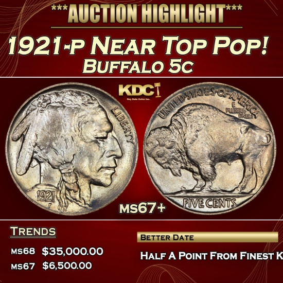 1921-p Buffalo Nickel Near Top Pop! 5c ms67+ SEGS
