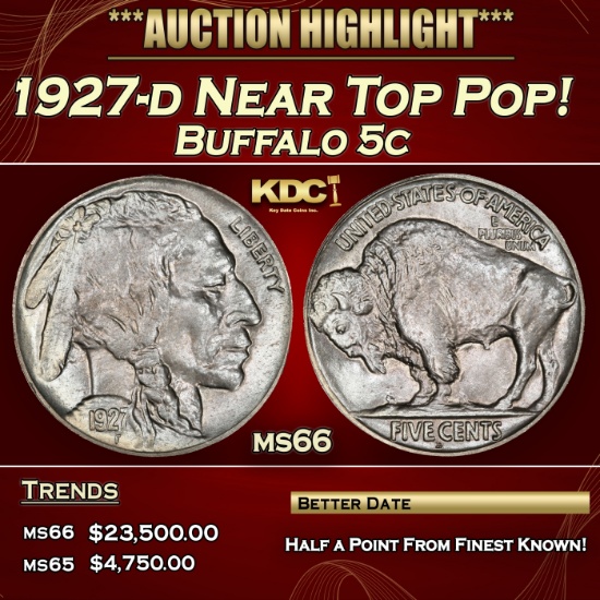 1927-d Buffalo Nickel Near Top Pop! 5c ms66 SEGS