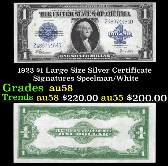 1923 $1 large size Silver Certificate Grades Choice AU/BU Slider Signatures Speelman/White