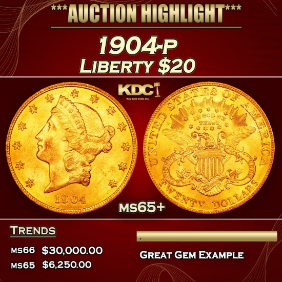 1904-p Gold Liberty Double Eagle $20 ms65+ SEGS