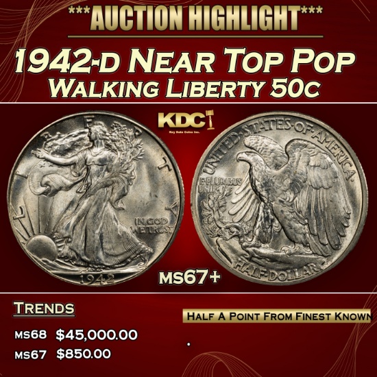 1942-d Walking Liberty Half Dollar Near Top Pop 50c ms67+ SEGS
