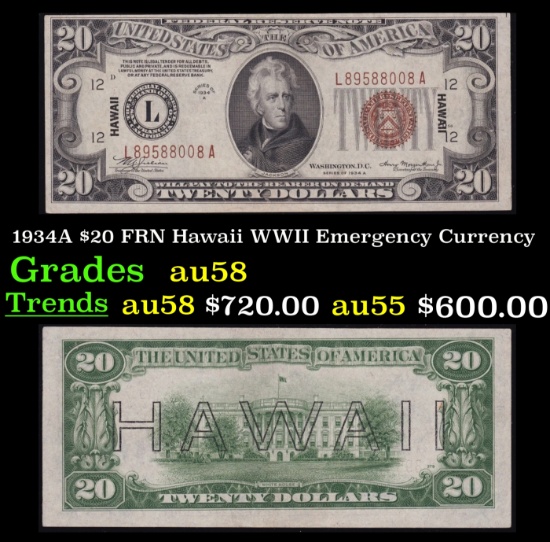 1934A $20 FRN Hawaii WWII Emergency Currency Grades Choice AU/BU Slider