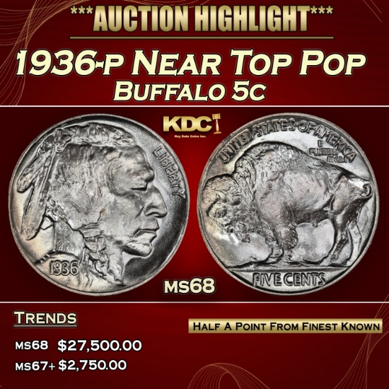 1936-p Buffalo Nickel Near Top Pop 5c ms68 SEGS