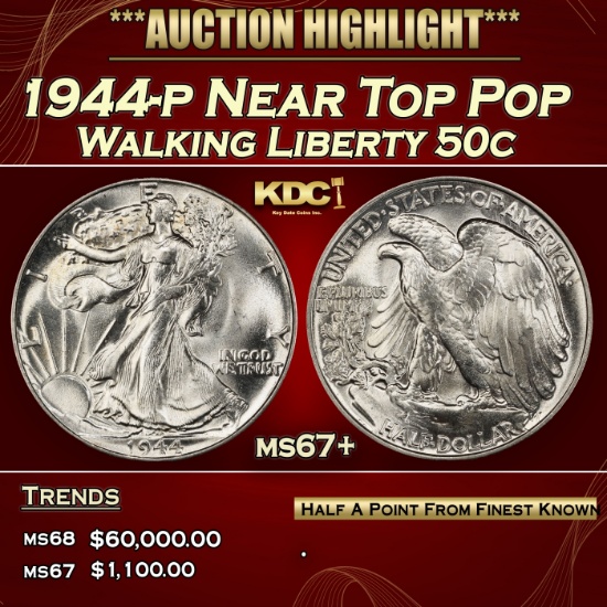 1944-p Walking Liberty Half Dollar Near Top Pop 50c ms67+ SEGS