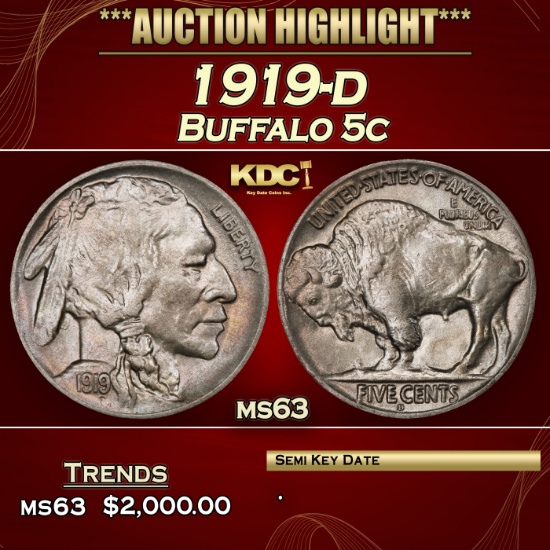 1919-d Buffalo Nickel 5c ms63 USCG