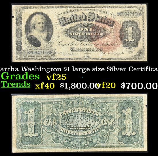 1886 $1 large size Silver Certificate Martha Washington Grades vf+ FR-217