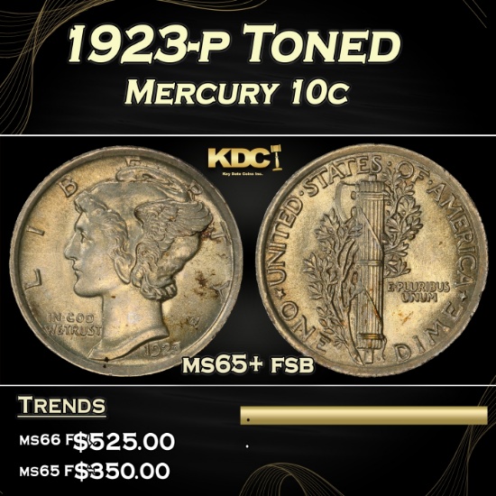 1923-p Mercury Dime Toned 10c Grades ms65+ fsb