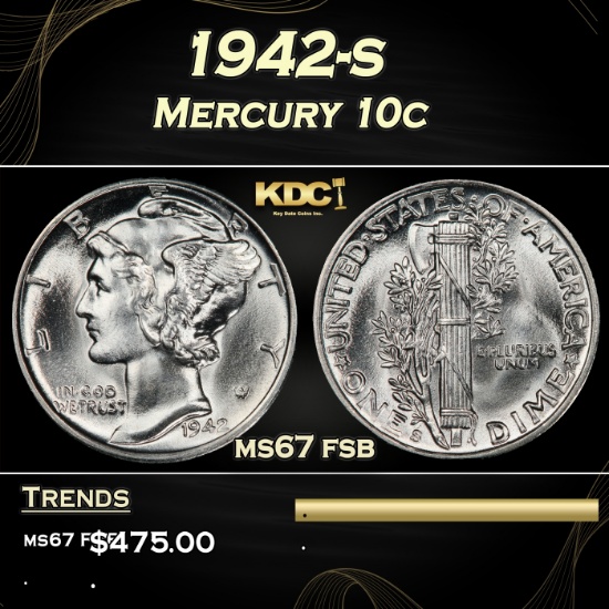 1942-s Mercury Dime 10c ms67 fsb SEGS