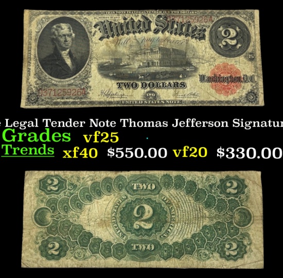 1917 $2 Large Size Legal Tender Note Thomas Jefferson Grades vf+ Signatures Speelman/White