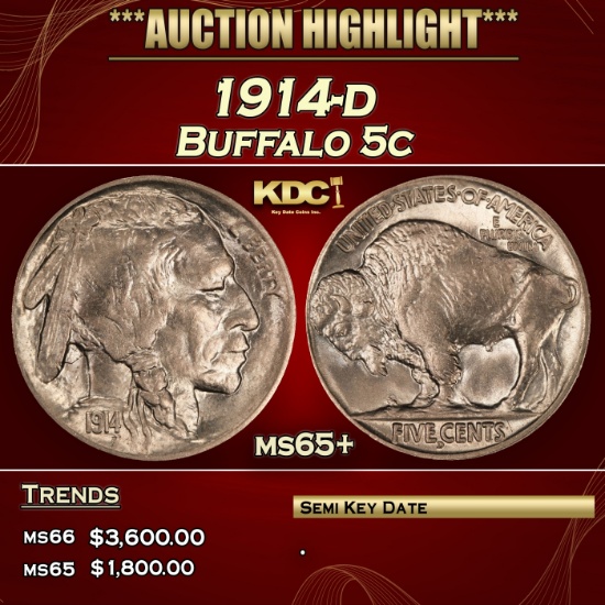 1914-d Buffalo Nickel 5c ms65+ SEGS