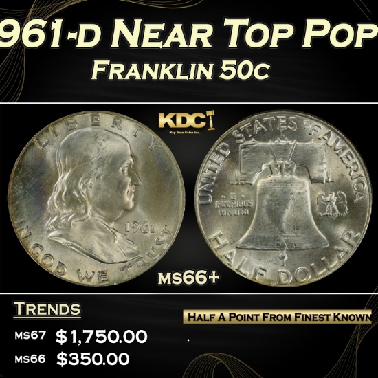 1961-d Franklin Half Dollar Near Top Pop 50c ms66+ SEGS