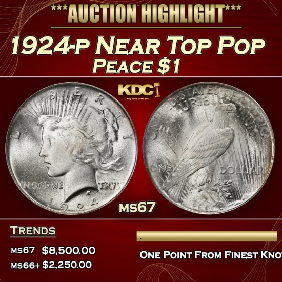 1924-p Peace Dollar Near Top Pop $1 ms67 SEGS