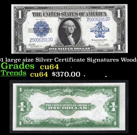 1923 $1 large size Silver Certificate Grades Choice CU Signatures Woods/White