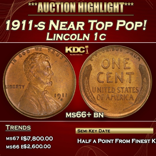 1911-s Lincoln Cent Near Top Pop! 1c ms66+ bn SEGS