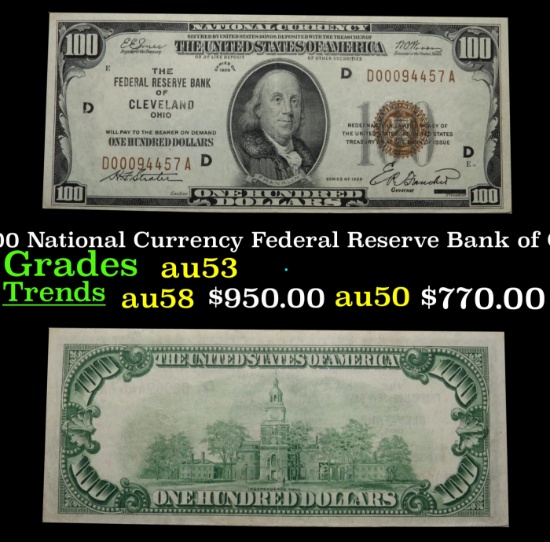 1929 $100 National Currency Federal Reserve Bank of Cleveland Grades Select AU