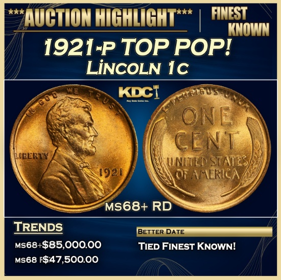 1921-p Lincoln Cent TOP POP! 1c ms68+ RD SEGS