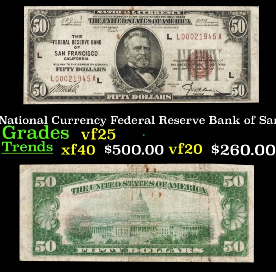 1929 $50 National Currency Federal Reserve Bank of San Francisco Grades vf+