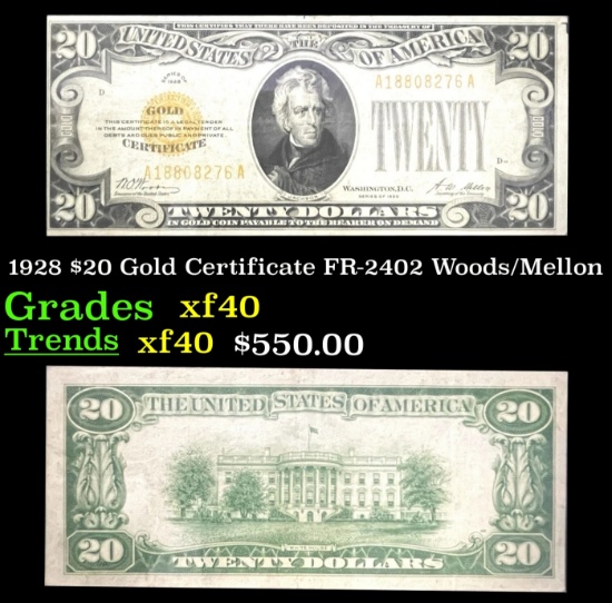 1928 $20 Gold Certificate FR-2402 Woods/Mellon Grades xf
