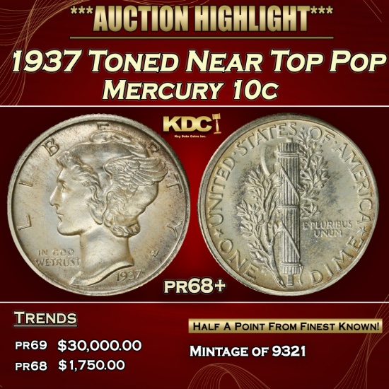 1937 Proof Mercury Dime Toned Near Top Pop 10c pr68+ SEGS