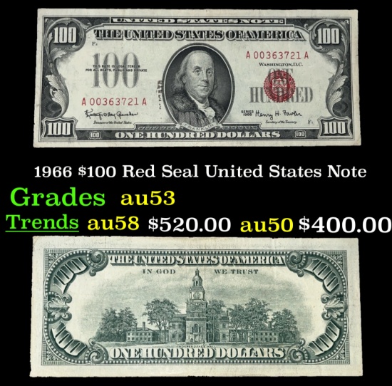 1966 $100 Red Seal United States Note Grades Select AU