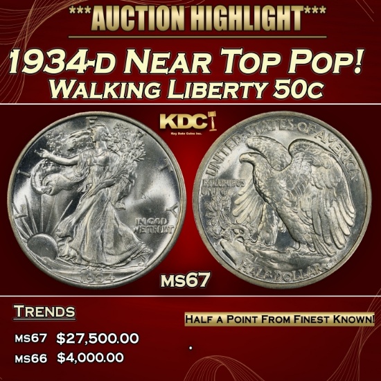 1934-d Walking Liberty Half Dollar Near Top Pop! 50c ms67 SEGS