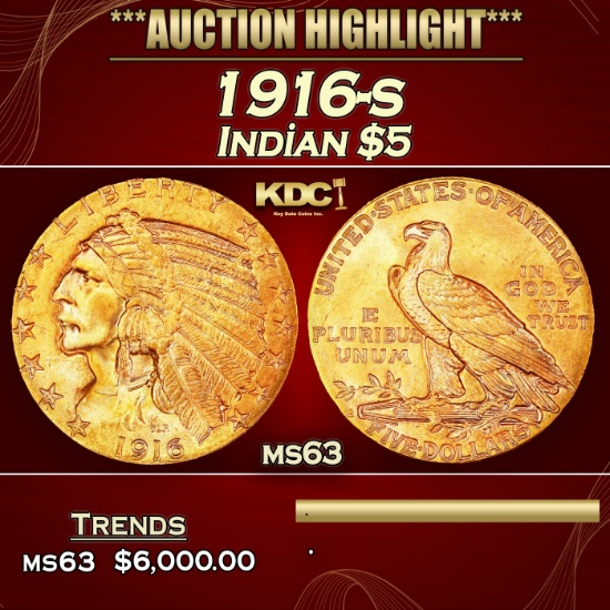 1916-s Gold Indian Half Eagle $5 ms63 USCG
