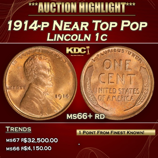 1914-p Lincoln Cent Near Top Pop 1c ms66+ rd SEGS