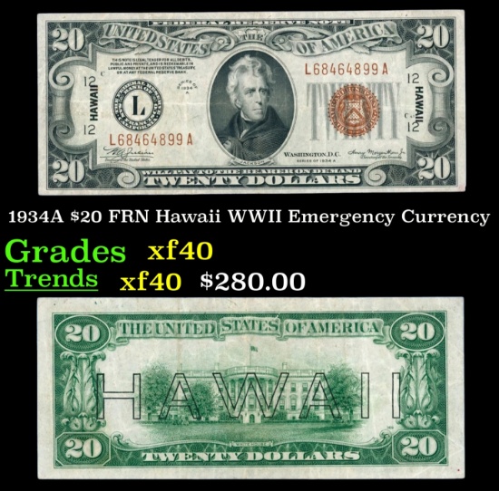 1934A $20 FRN Hawaii WWII Emergency Currency Grades xf