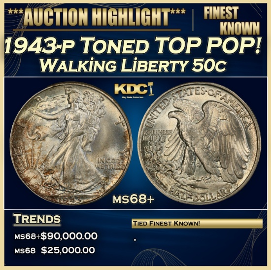 1943-p Walking Liberty Half Dollar Toned TOP POP! 50c ms68+ SEGS