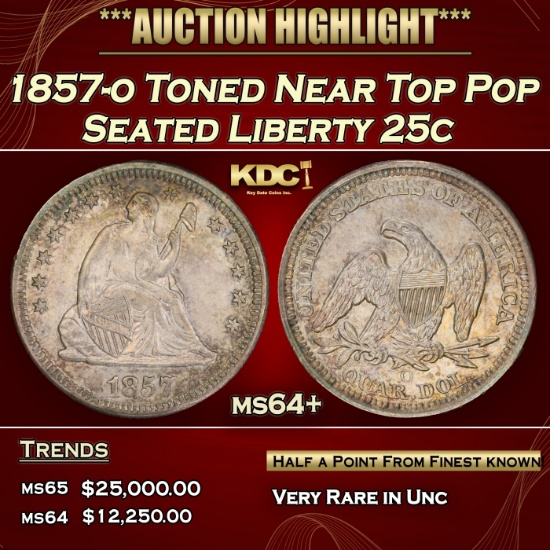 1857-o Seated Liberty Quarter Toned Near Top Pop 25c ms64+ SEGS