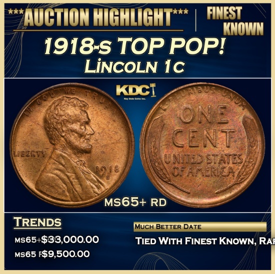 1918-s Lincoln Cent TOP POP! 1c ms65+ rd SEGS