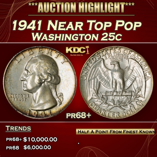 1941 Proof Washington Quarter Near Top Pop 25c pr68+ SEGS