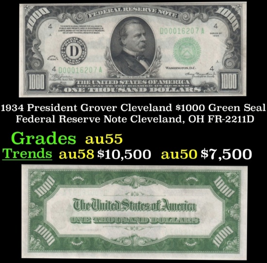 1934 $1000 Green Seal Federal Reserve Note President Grover Cleveland Cleveland, OH Grades Choice AU